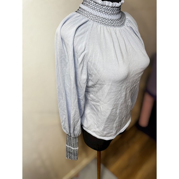 Zara Light Blue High Neck Balloon Sleeve Knit Top Womens Smocked Pullover size S - Picture 3 of 10